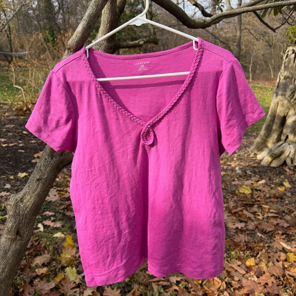 Lands' End Pink V-Neck Cotton Short-Sleeved Tee